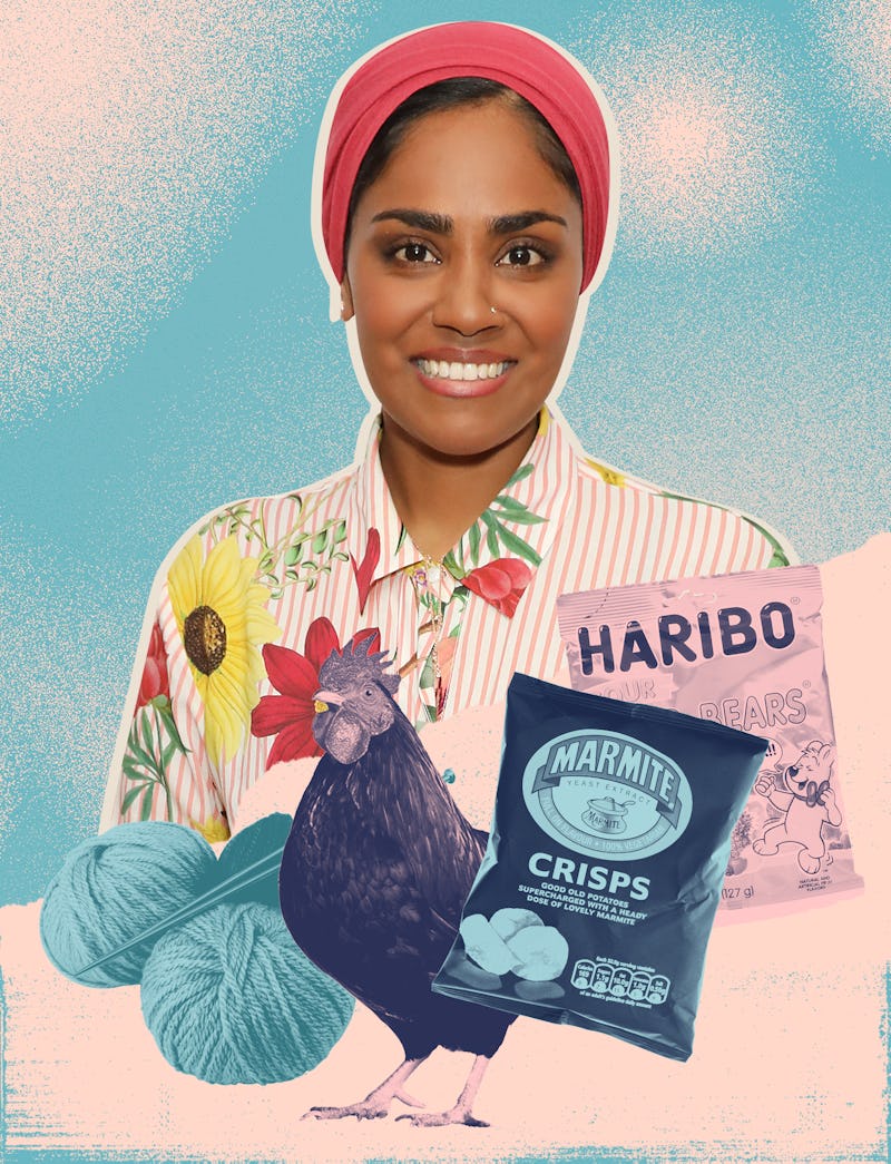 Chef Nadiya Hussain next to cotton strings, a chicken, crisps and Haribo candy