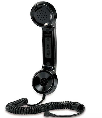 retro black phone with cord that plugs into smartphone