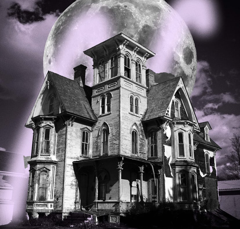 One of the scariest haunted houses on Airbnb with purple moon in the back.