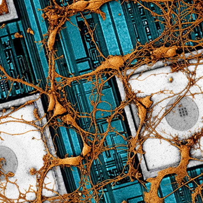 Samsung promo image of rat brain overlain atop a nanoelectrode array 