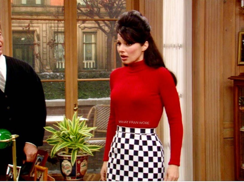 image from @whatfranwore Instagram, Fran Drescher red turtleneck and checkered skirt