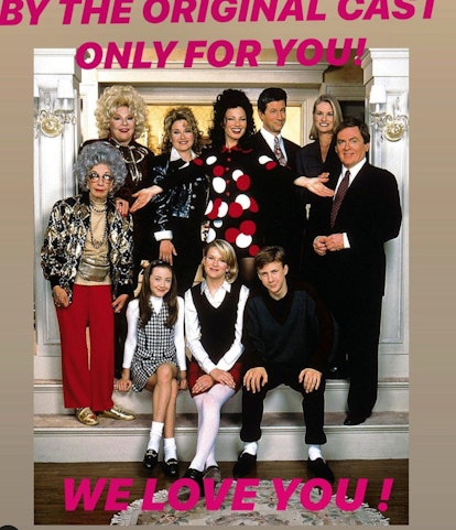 Cast of The Nanny, posing for picture on outdoor steps