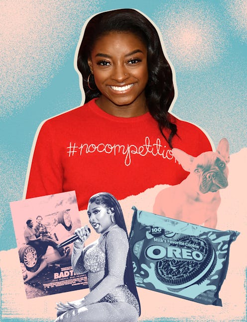 A collage of Simone Biles, her dog, Oreos, Nicki Minaj and a book as her hobbies