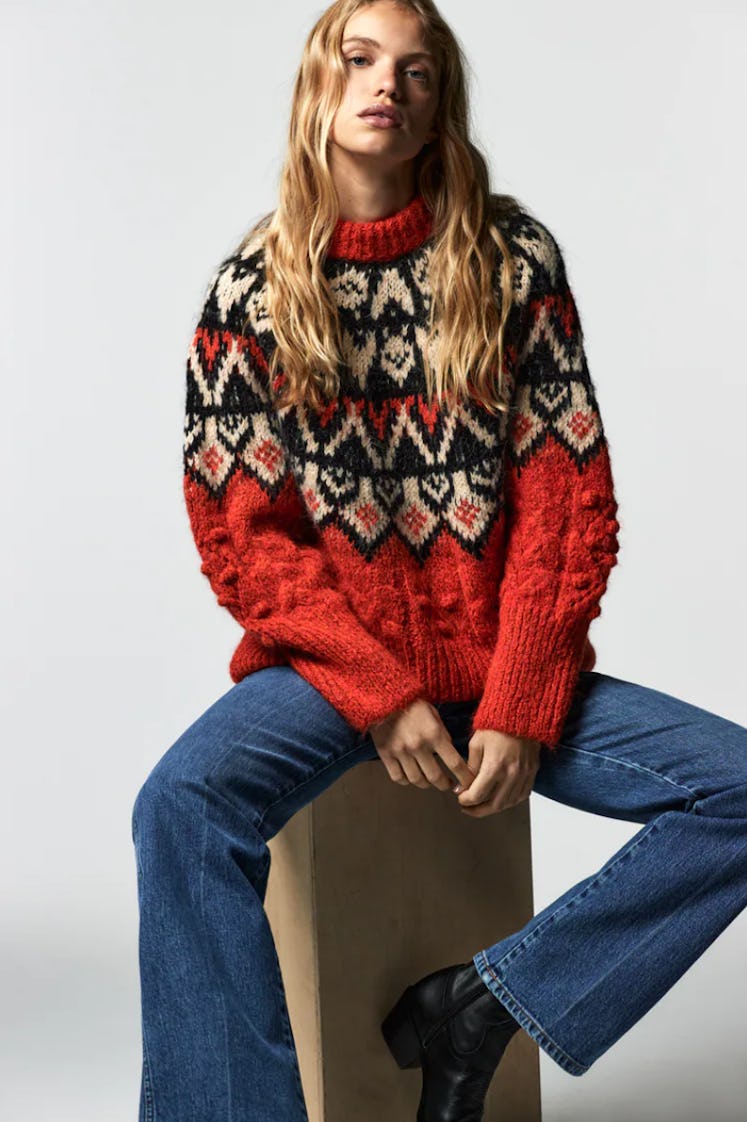 Zara Pom Pom Jacquard Knit Sweater