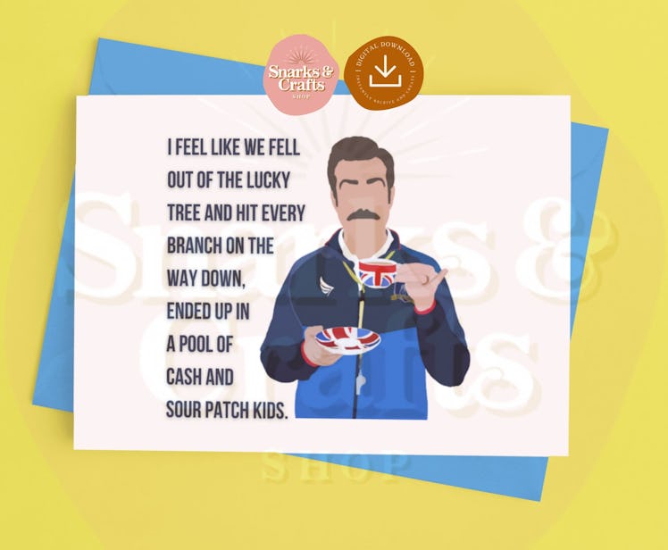 This 'Ted Lasso' birthday card on Etsy has a drawing of Ted Lasso on the front. 