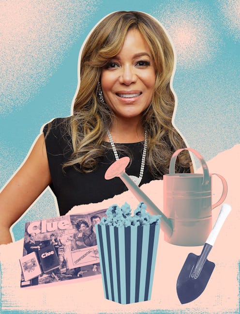 A collage of Sunny Hostin, gardening tools, popcorn, and Clue magazine in front of her