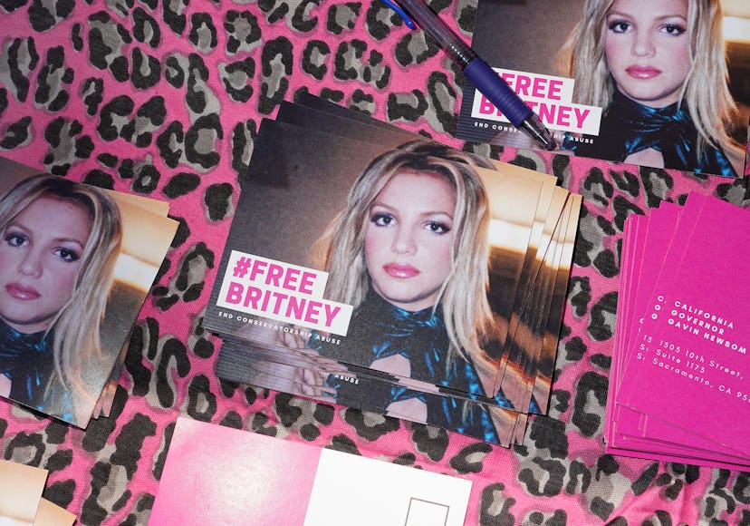 #FreeBritney activist Melanie Mandarano’s post cards, with Britney Spears’ face on it.