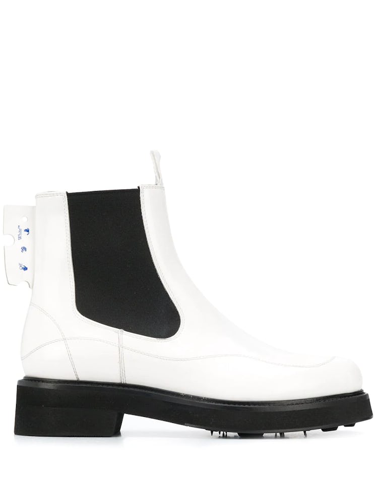 Off-White's white logo-patch chelsea boots. 