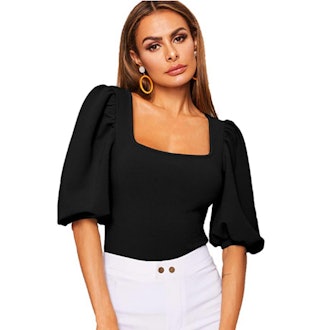 Romwe Puff Sleeve Square Neck Top
