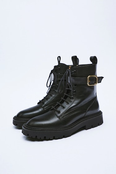 Laced Leather Combat Boots With Buckle