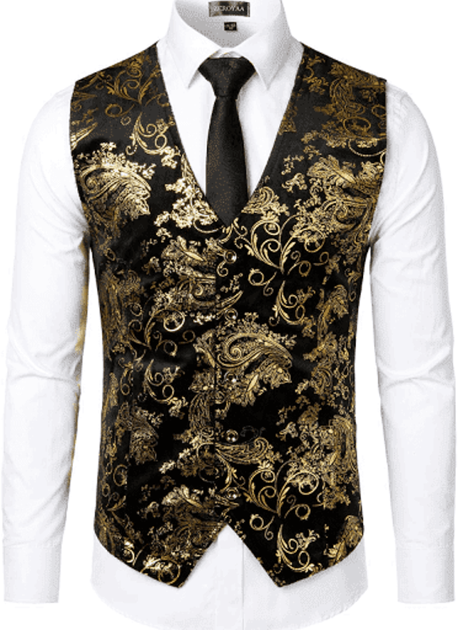 Mens Hipster Metallic Paisley Printed Single Breasted V-Neck Suit Vest/Tuxedo Waistcoat