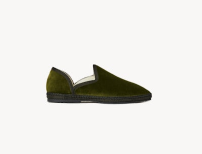 Side view of forest green velvet slip on loafer 