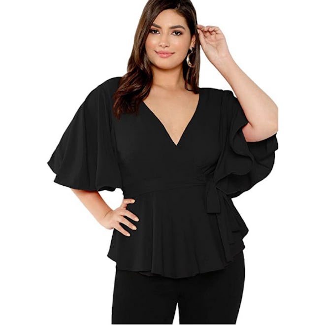 Romwe Plus Size Belted Peplum Blouse