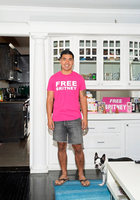 #FreeBritney activist Kevin Wu at his home in Los Angeles, wearing a pink shirt that says #FreeBritn...