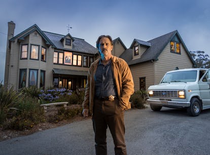 David Arquette who plays sheriff Dewey Riley in 'Scream' stands in front of the original 'Scream' ho...