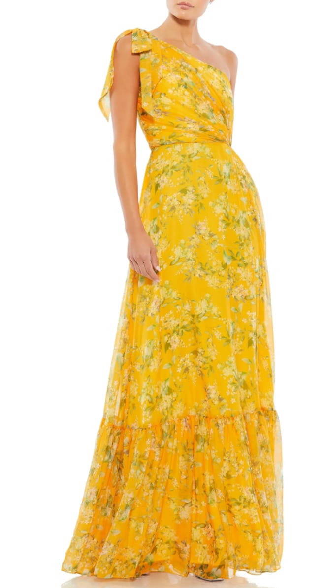 One-Shoulder Floral Print Chiffon A-Line Gown