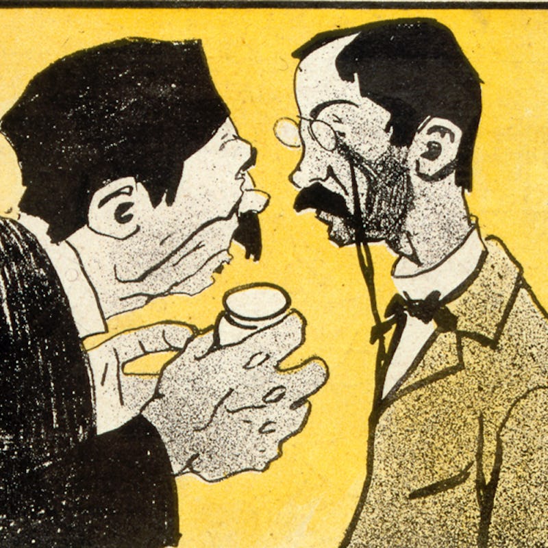 In L'Assiette au Beurre satirical magazine; Coloured illustration; Pharmacist advising the doctor to...