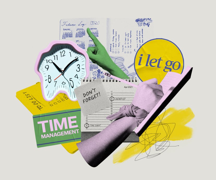 Time management tools and methods represented by hands writing in notebooks, clocks and calendars