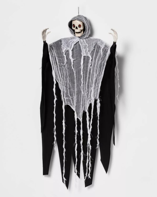 Hanging skeleton decoration; wearing black robe