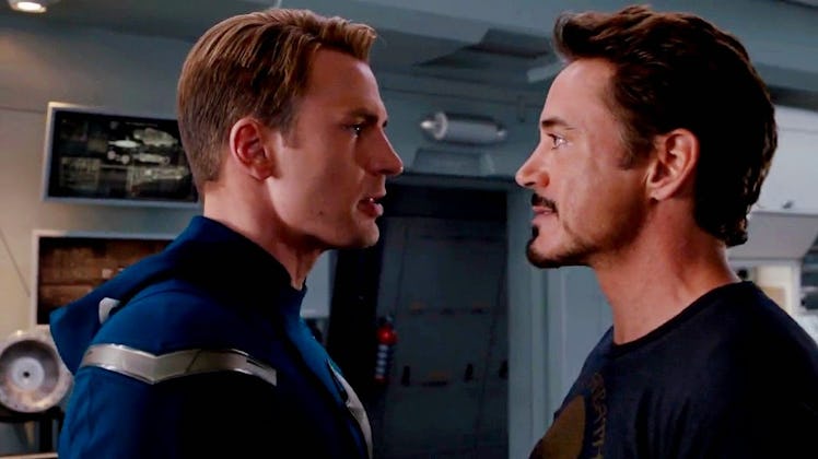 Steve Rogers and Tony Stark facing off in The Avengers.
