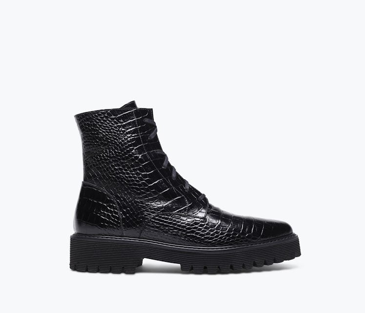 Emi Black Embossed Croc Combat Boot Frēda Salvador