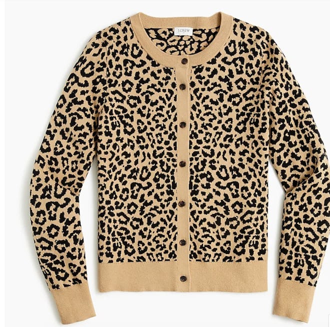 leopard print cardigan sweater with tan trim and brown buttons, from J. Crew Factory