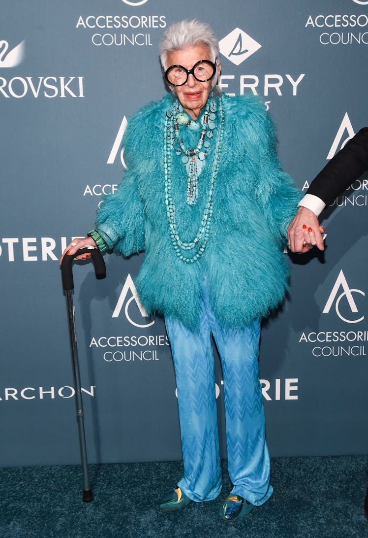 Iris Apfel wearing head-to-toe blue