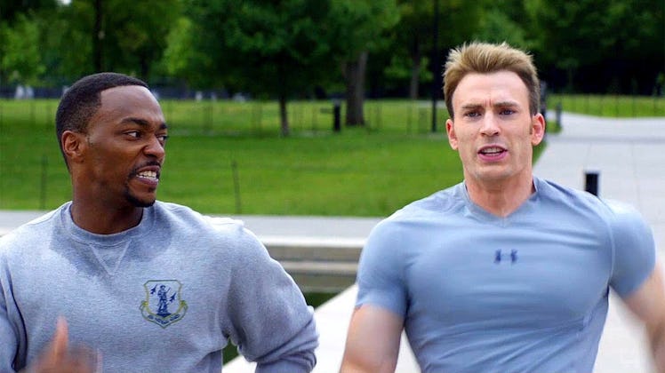 Steve Rogers and Sam Wilson in Captain America: The Winter Soldier.
