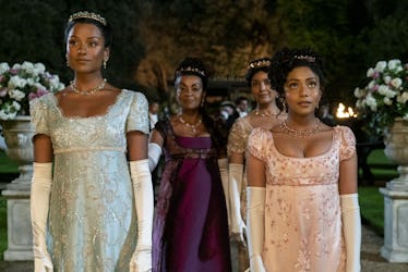Simone Ashley as Kate Sharma, Adjoa Andoh as Lady Danbury, Shelley Conn as Mary Sharma, Charithra Ch...