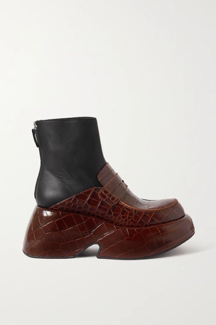 Croc-Effect & Smooth Leather Platform Ankle Boots