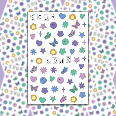 colorful star, heart, butterfly stickers that look like olivia rodrigo's in Sour