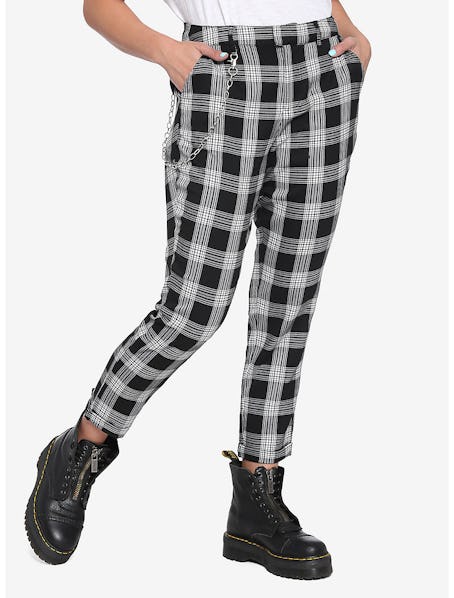 Black & White Plaid Pants With Detachable Chain