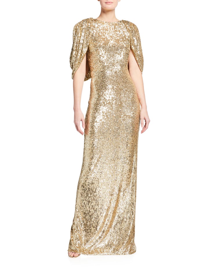 Sequin Backless Cape Gown Pamella Roland