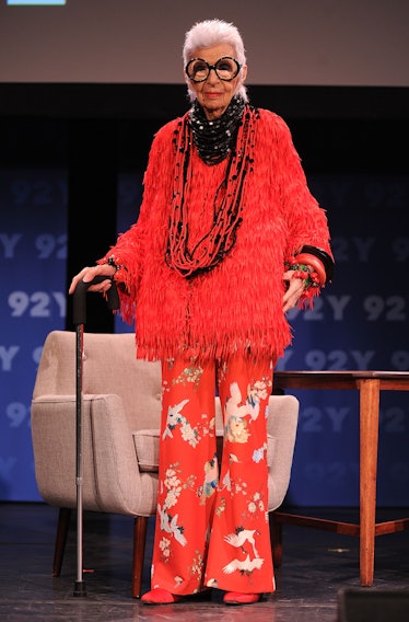 Iris Apfel wearing head-to-toe red