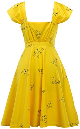 Womens Bright Yellow Cap Sleeve Lovely Cocktail Floral Party Dress