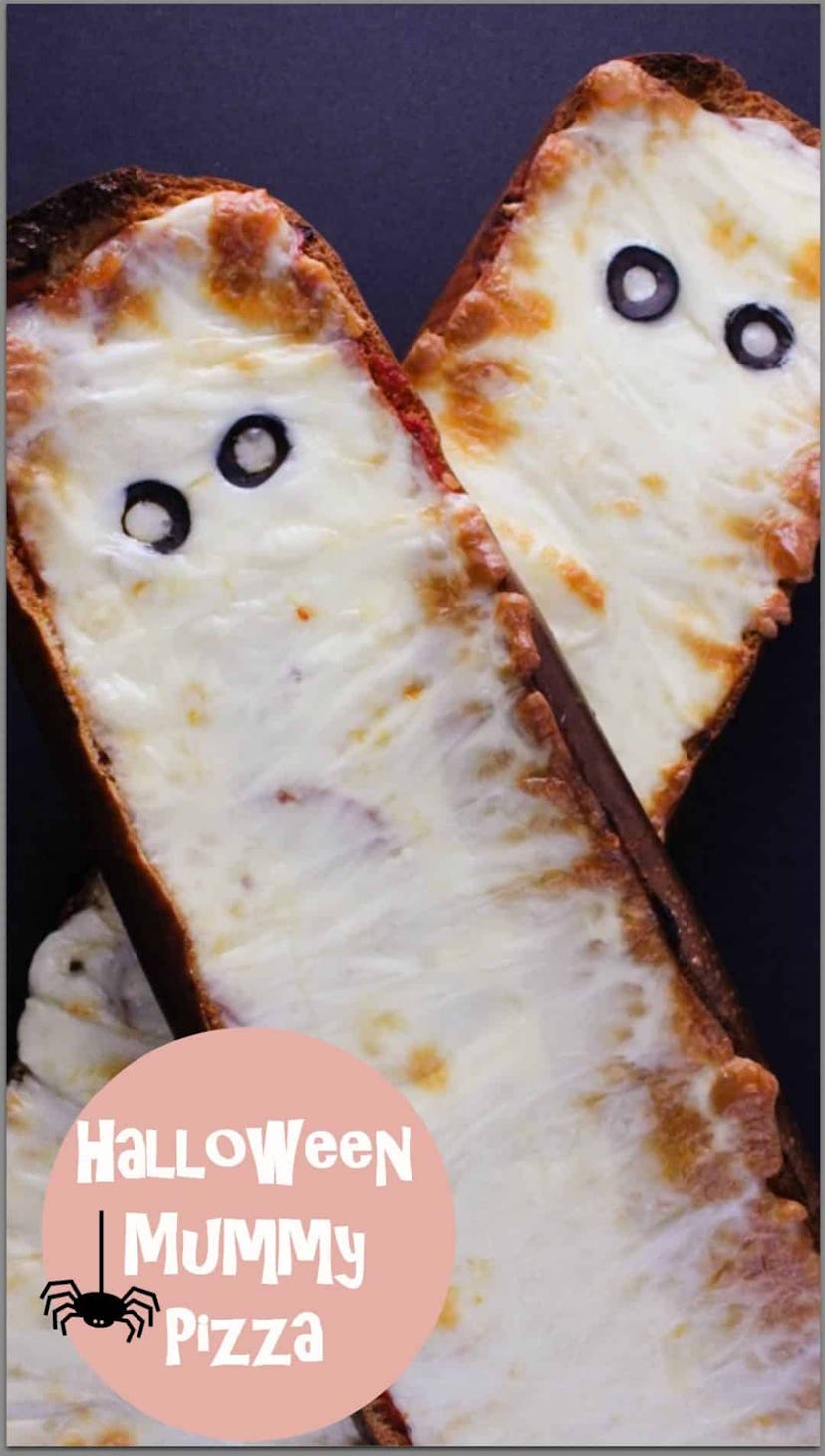 French Bread Mummy Pizza is one Halloween pizza idea.