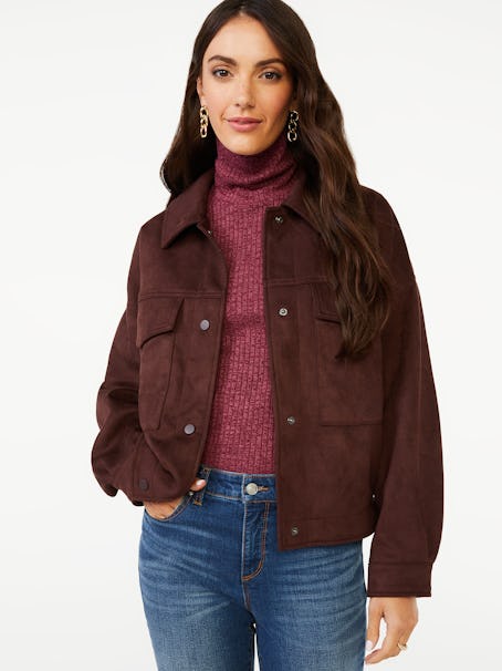 Scoop Women's Oversized Cropped Faux Suede Jacket