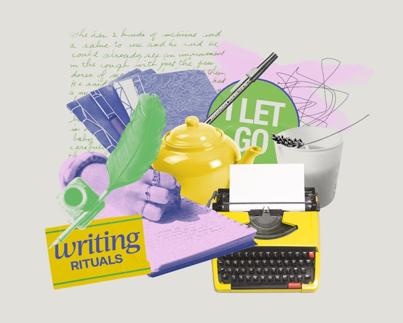 writing materials, including pen, typewriter, and quill