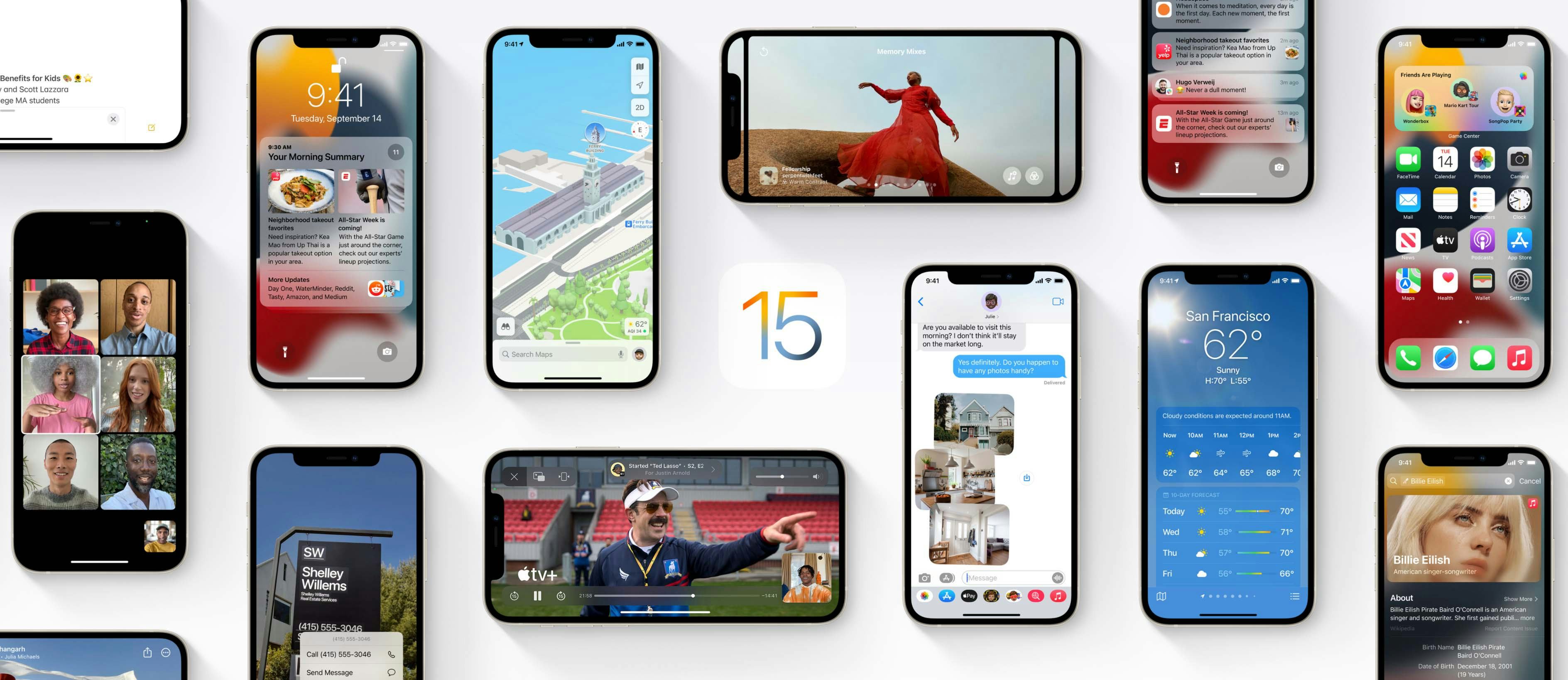 iPhones displaying various apps using iOS 15.