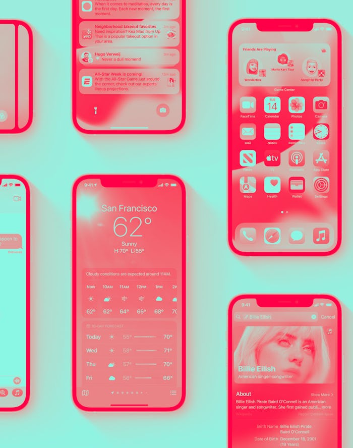 iPhones displaying various apps using iOS 15.