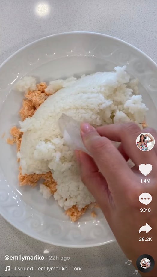 Emily Mariko makes the viral salmon rice bowl TikTok recipe by placing an ice cube on top of her sal...