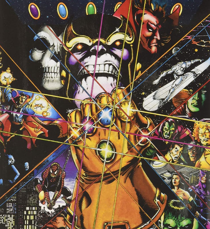 The comic book version of Thanos holding The Infinity Gauntlet