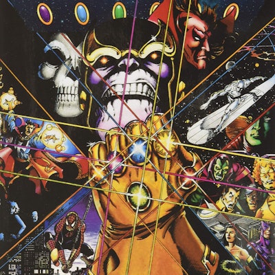 The comic book version of Thanos holding The Infinity Gauntlet