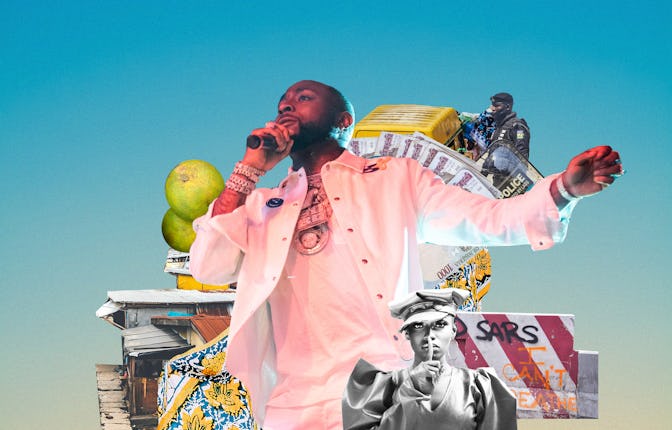 Davido in a collage with "SARS" and "I Can't Breathe" written on a roadblock, the Nigerian police an...