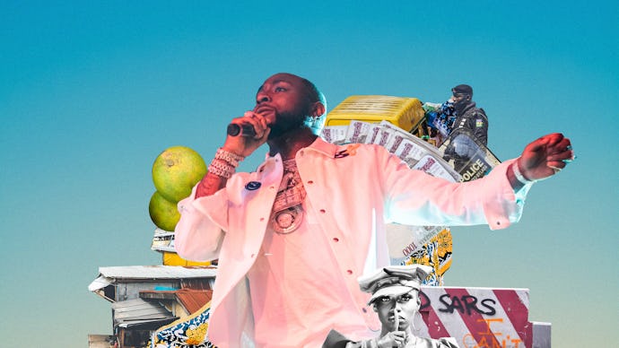 Davido in a collage with "SARS" and "I Can't Breathe" written on a roadblock, the Nigerian police an...