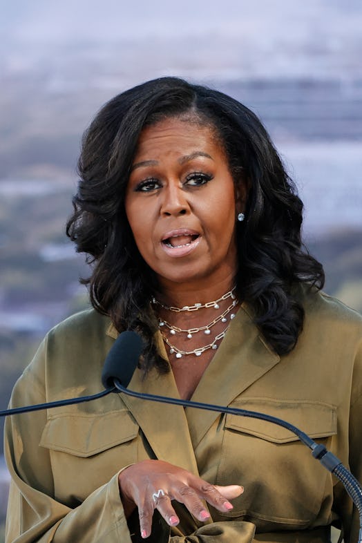 Former US First lady Michelle Obama speaks during the groundbreaking ceremony for the Obama Presiden...