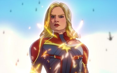Captain Marvel shows up to stop Ultron.