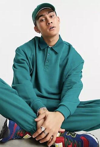 Matching oversized sweatshirt with polo collar in green
