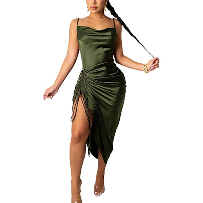 nqgsntc Cowl Neck Drawstring Satin Dress
