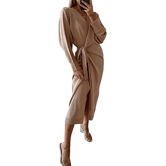 EXLURA Long Wrap Sweater Dress